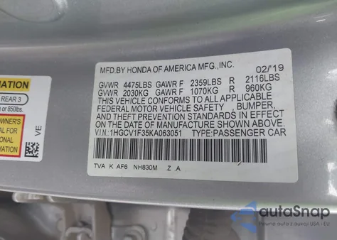 2019 Honda Accord Sport z USA, uszkodzony, nr VIN 1HGCV1F35KA063051